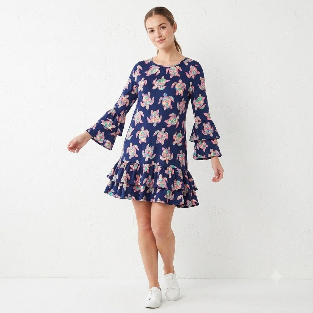 Simply Southern Sea Turtle Print Ruffle Dress Navy Blue Size S NWOT‎